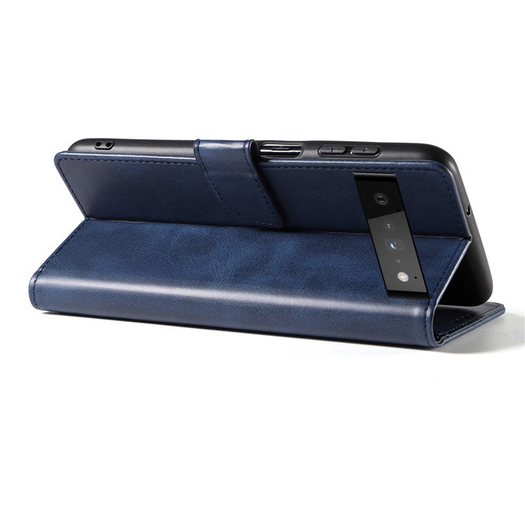 Folio Flip Magnetic Clasp Textured PU Leather + Soft TPU Phone Cover Case for Google Pixel 6 Pro - Blue