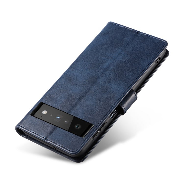 Folio Flip Magnetic Clasp Textured PU Leather + Soft TPU Phone Cover Case for Google Pixel 6 Pro - Blue