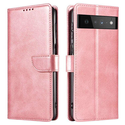 Folio Flip Magnetic Clasp Textured PU Leather + Soft TPU Phone Cover Case for Google Pixel 6 Pro - Rose Gold