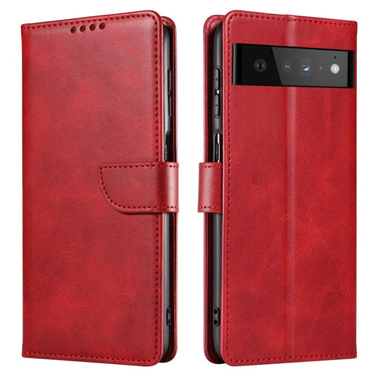 Folio Flip Magnetic Clasp Textured PU Leather + Soft TPU Phone Cover Case for Google Pixel 6 Pro - Red