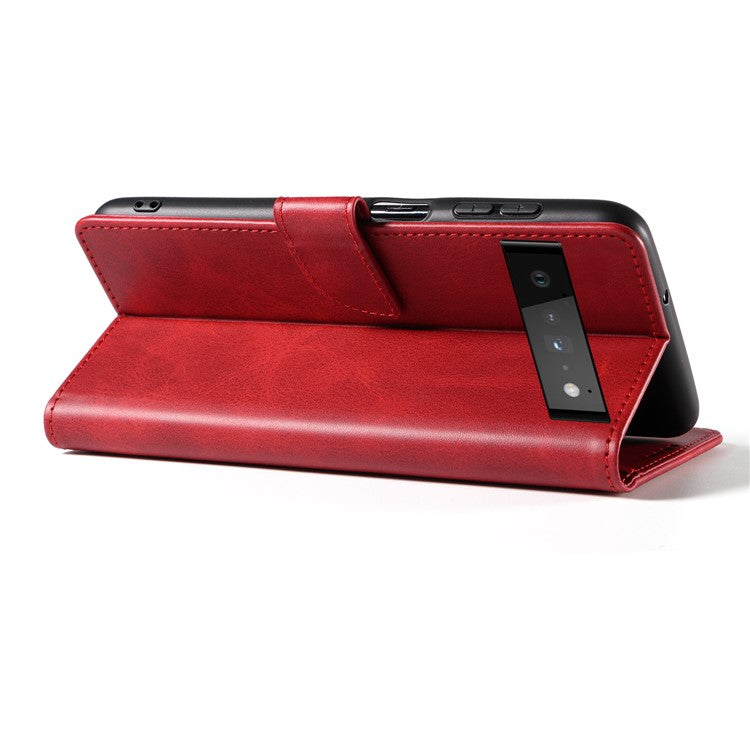 Folio Flip Magnetic Clasp Textured PU Leather + Soft TPU Phone Cover Case for Google Pixel 6 Pro - Red