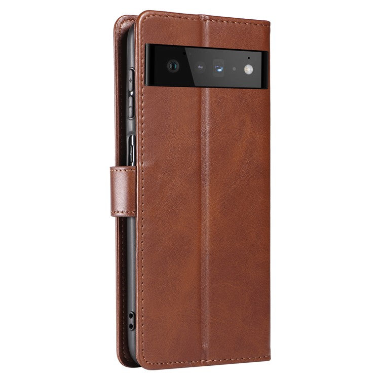 Folio Flip Magnetic Clasp Textured PU Leather + Soft TPU Phone Cover Case for Google Pixel 6 Pro - Brown