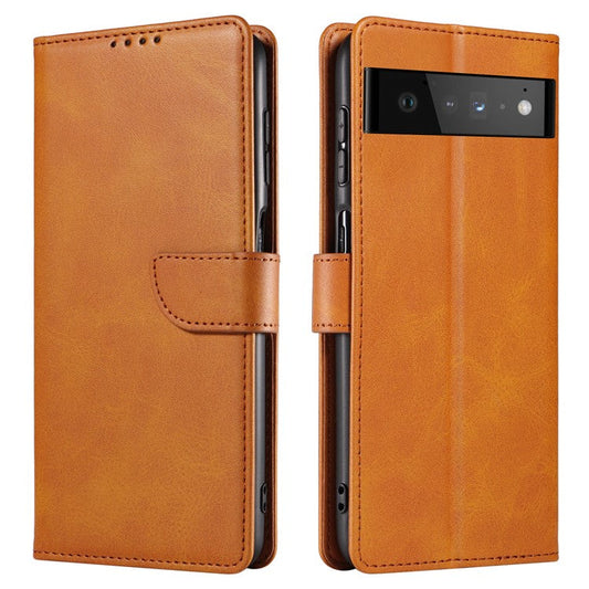 Folio Flip Magnetic Clasp Textured PU Leather + Soft TPU Phone Cover Case for Google Pixel 6 Pro - Light Brown