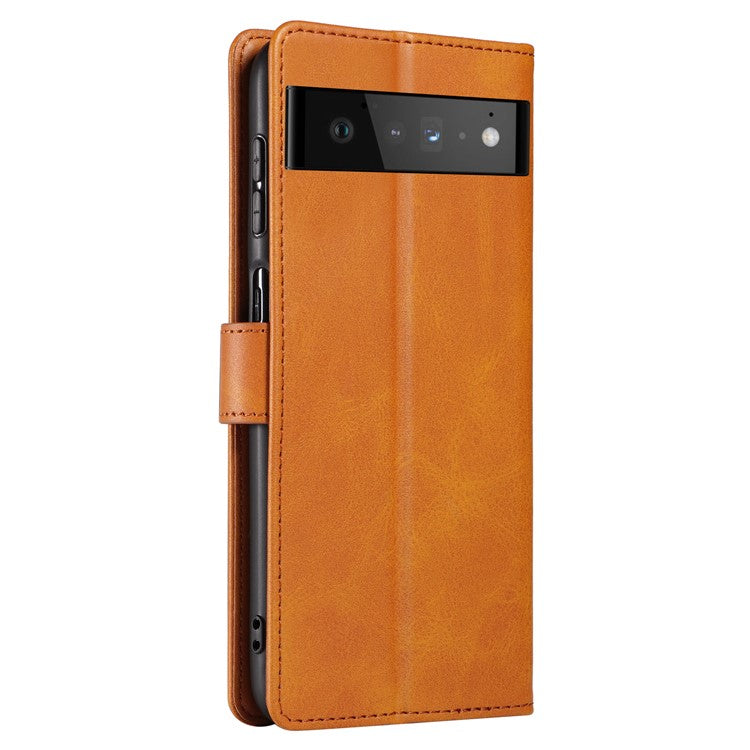 Folio Flip Magnetic Clasp Textured PU Leather + Soft TPU Phone Cover Case for Google Pixel 6 Pro - Light Brown