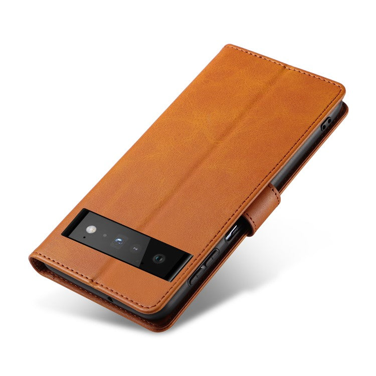 Folio Flip Magnetic Clasp Textured PU Leather + Soft TPU Phone Cover Case for Google Pixel 6 Pro - Light Brown