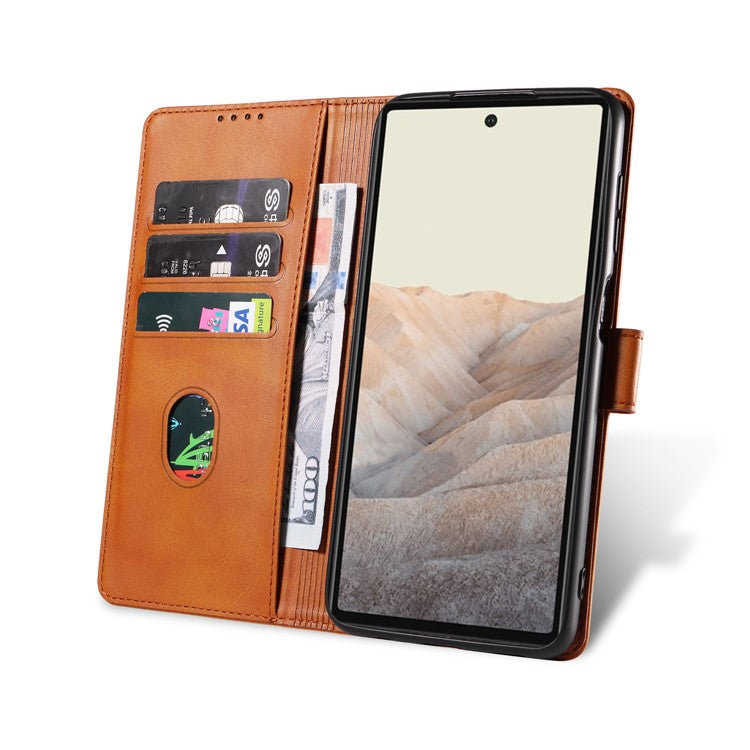 Folio Flip Magnetic Clasp Textured PU Leather + Soft TPU Phone Cover Case for Google Pixel 6 Pro - Light Brown