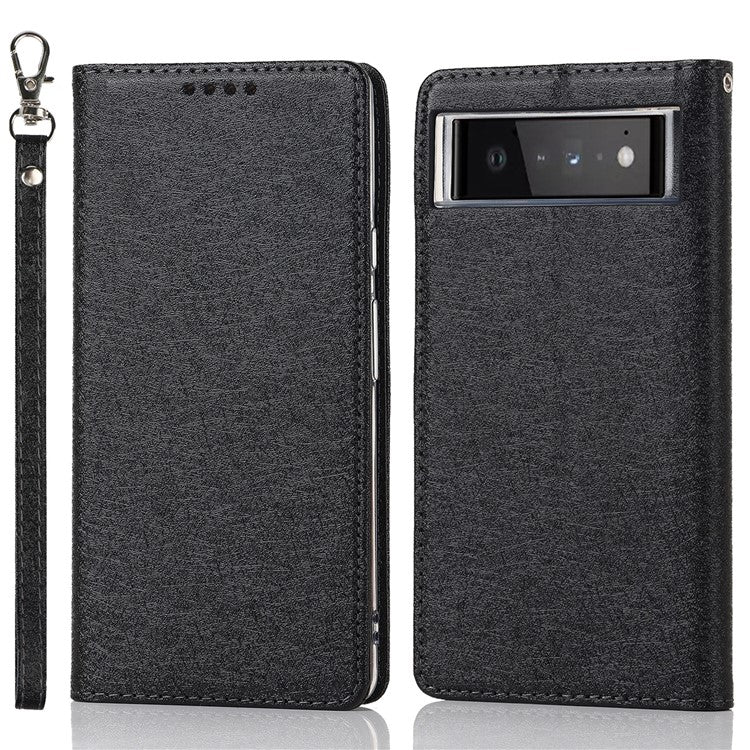 For Google Pixel 6 Anti-scratch Phone Case Anti-fall Shockproof Silk Texture Leather Wallet Cover with Strap - Black