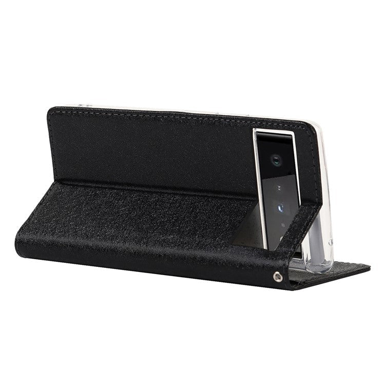 For Google Pixel 6 Anti-scratch Phone Case Anti-fall Shockproof Silk Texture Leather Wallet Cover with Strap - Black