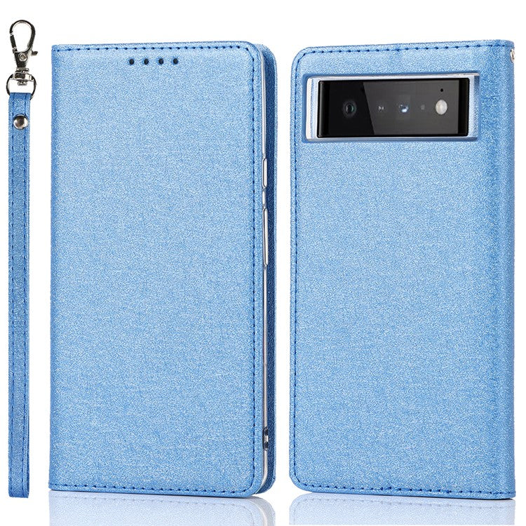 For Google Pixel 6 Anti-scratch Phone Case Anti-fall Shockproof Silk Texture Leather Wallet Cover with Strap - Blue