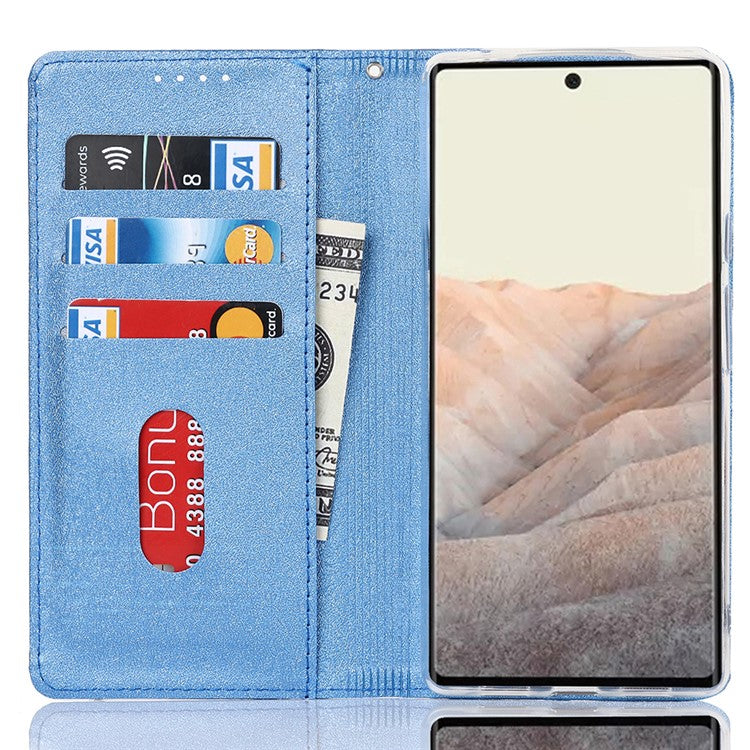 For Google Pixel 6 Anti-scratch Phone Case Anti-fall Shockproof Silk Texture Leather Wallet Cover with Strap - Blue