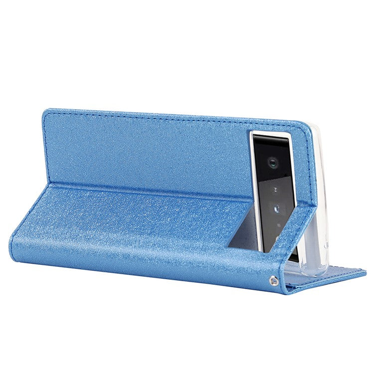 For Google Pixel 6 Anti-scratch Phone Case Anti-fall Shockproof Silk Texture Leather Wallet Cover with Strap - Blue