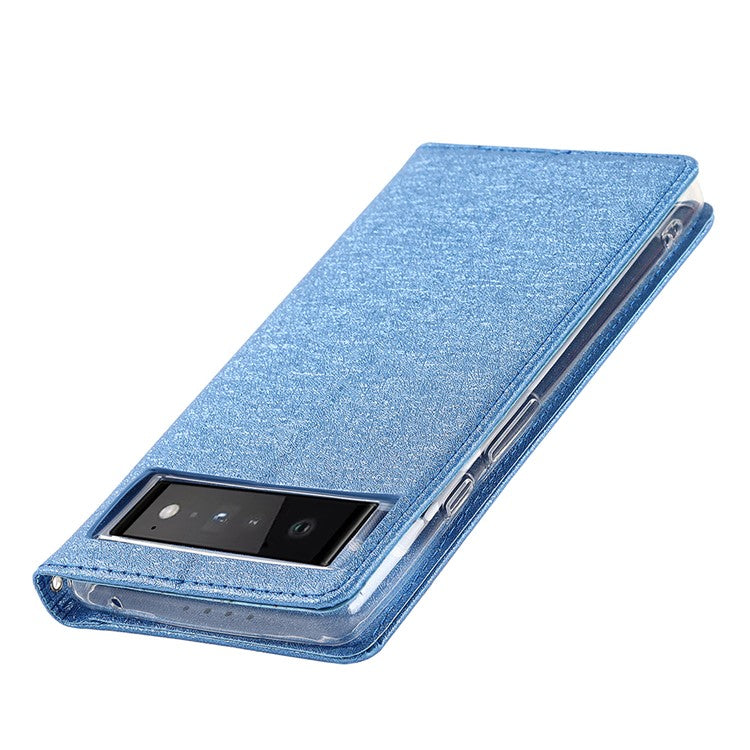 For Google Pixel 6 Anti-scratch Phone Case Anti-fall Shockproof Silk Texture Leather Wallet Cover with Strap - Blue