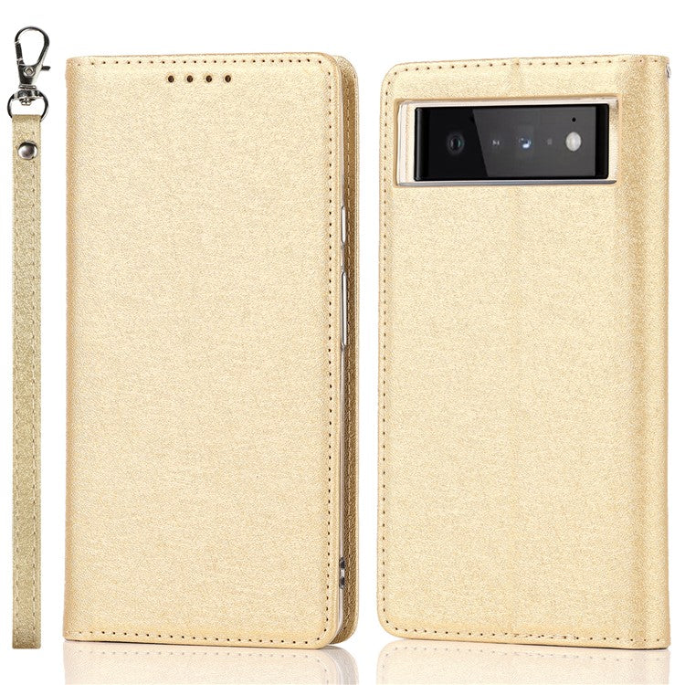 For Google Pixel 6 Anti-scratch Phone Case Anti-fall Shockproof Silk Texture Leather Wallet Cover with Strap - Gold