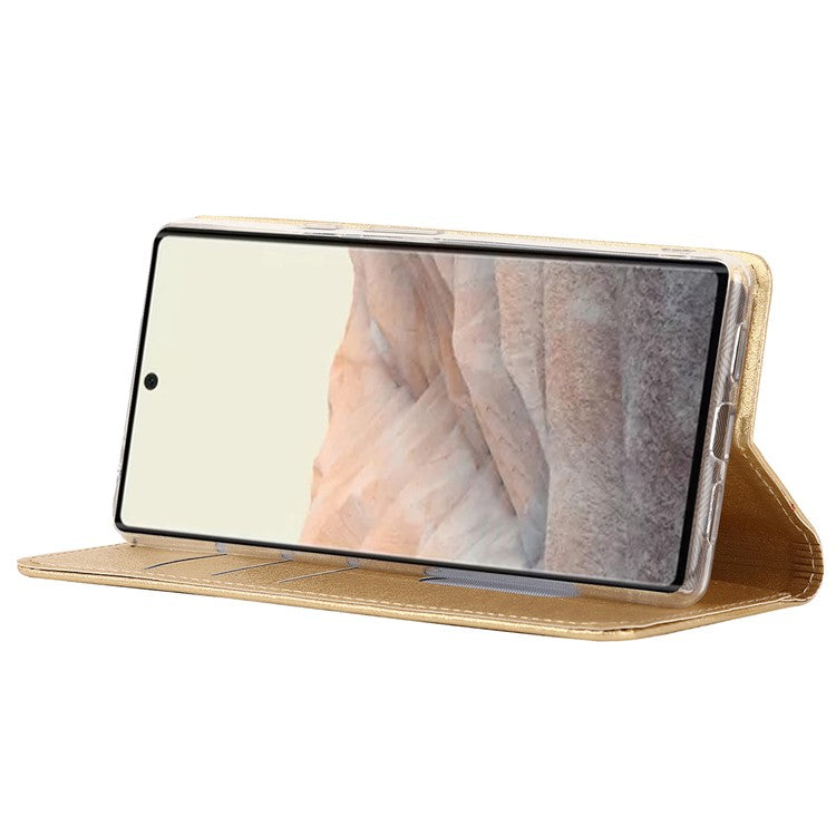 For Google Pixel 6 Anti-scratch Phone Case Anti-fall Shockproof Silk Texture Leather Wallet Cover with Strap - Gold