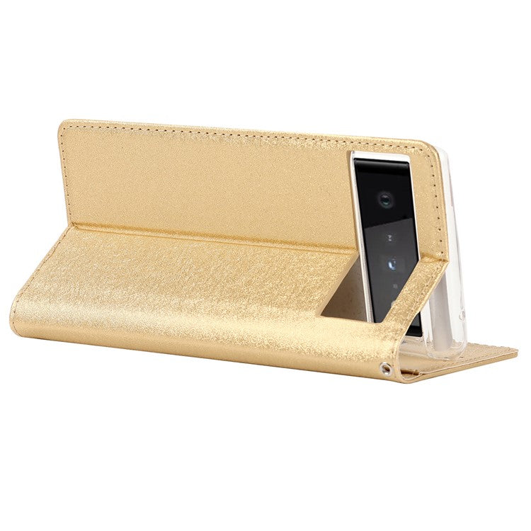 For Google Pixel 6 Anti-scratch Phone Case Anti-fall Shockproof Silk Texture Leather Wallet Cover with Strap - Gold