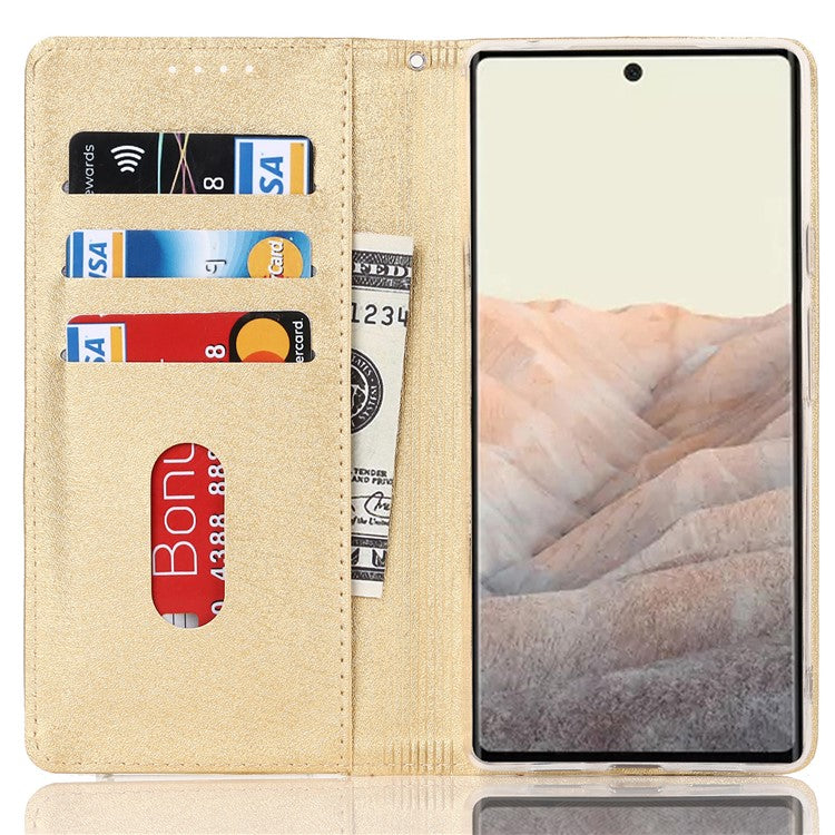 For Google Pixel 6 Anti-scratch Phone Case Anti-fall Shockproof Silk Texture Leather Wallet Cover with Strap - Gold