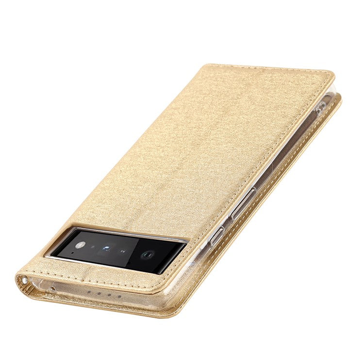 For Google Pixel 6 Anti-scratch Phone Case Anti-fall Shockproof Silk Texture Leather Wallet Cover with Strap - Gold