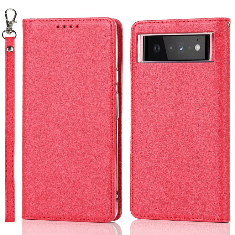For Google Pixel 6 Anti-scratch Phone Case Anti-fall Shockproof Silk Texture Leather Wallet Cover with Strap - Red