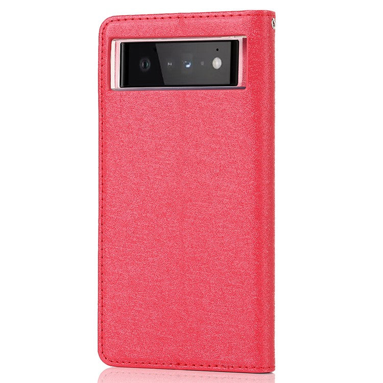 For Google Pixel 6 Anti-scratch Phone Case Anti-fall Shockproof Silk Texture Leather Wallet Cover with Strap - Red