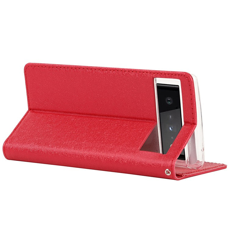 For Google Pixel 6 Anti-scratch Phone Case Anti-fall Shockproof Silk Texture Leather Wallet Cover with Strap - Red