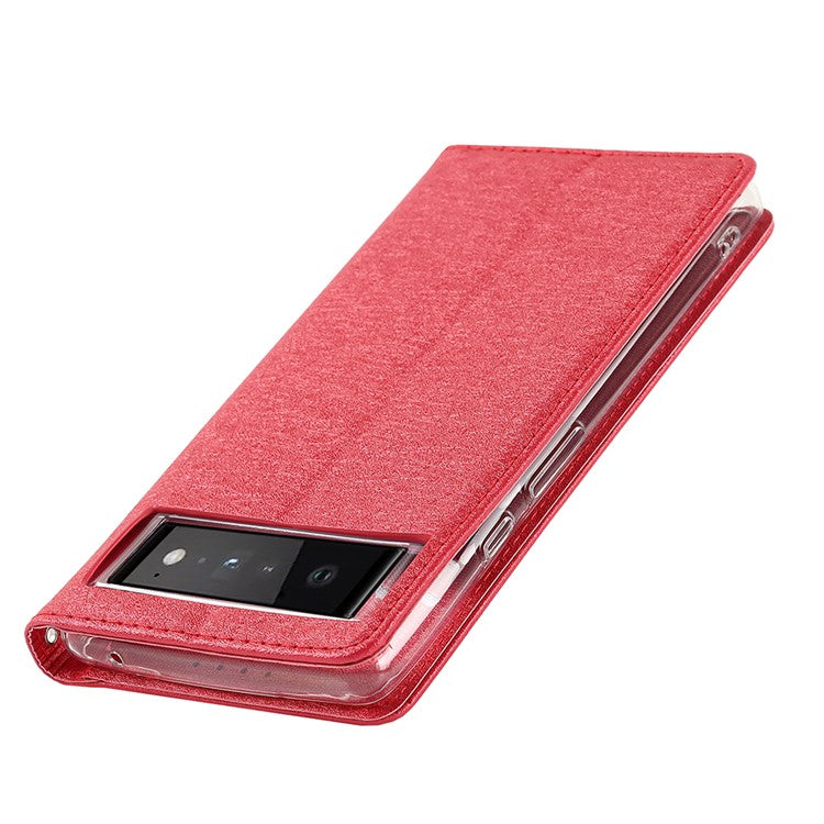 For Google Pixel 6 Anti-scratch Phone Case Anti-fall Shockproof Silk Texture Leather Wallet Cover with Strap - Red