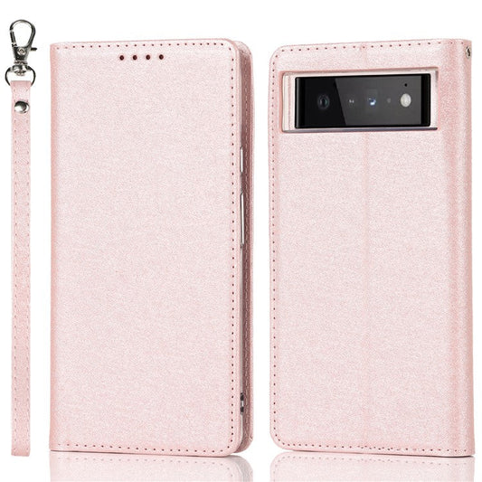 For Google Pixel 6 Anti-scratch Phone Case Anti-fall Shockproof Silk Texture Leather Wallet Cover with Strap - Rose Gold