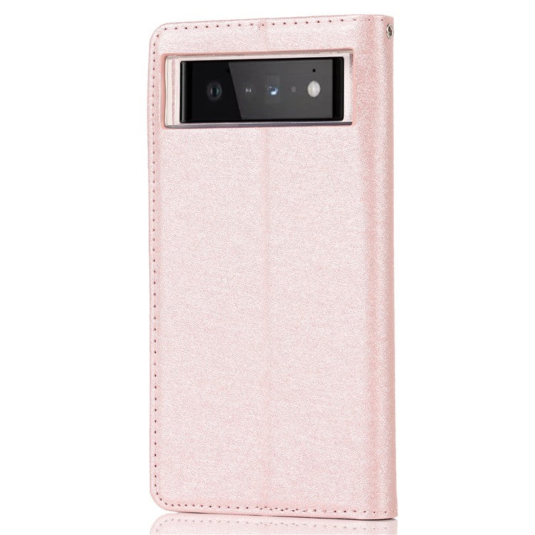 For Google Pixel 6 Anti-scratch Phone Case Anti-fall Shockproof Silk Texture Leather Wallet Cover with Strap - Rose Gold