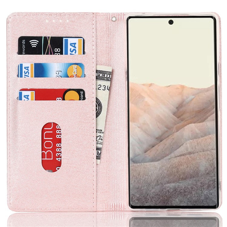 For Google Pixel 6 Anti-scratch Phone Case Anti-fall Shockproof Silk Texture Leather Wallet Cover with Strap - Rose Gold