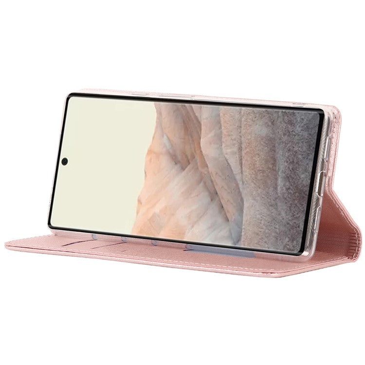 For Google Pixel 6 Anti-scratch Phone Case Anti-fall Shockproof Silk Texture Leather Wallet Cover with Strap - Rose Gold