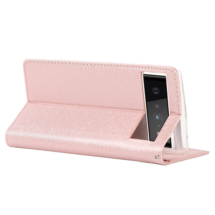 For Google Pixel 6 Anti-scratch Phone Case Anti-fall Shockproof Silk Texture Leather Wallet Cover with Strap - Rose Gold