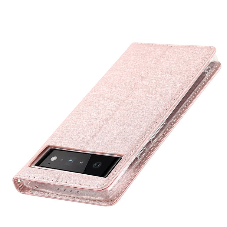 For Google Pixel 6 Anti-scratch Phone Case Anti-fall Shockproof Silk Texture Leather Wallet Cover with Strap - Rose Gold