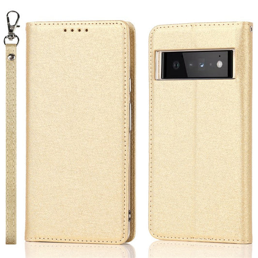 For Google Pixel 6 Pro Mobile Phone Shell Bag Anti-scratch Phone Case Anti-fall Shockproof Silk Texture Leather Wallet Cover with Strap - Gold