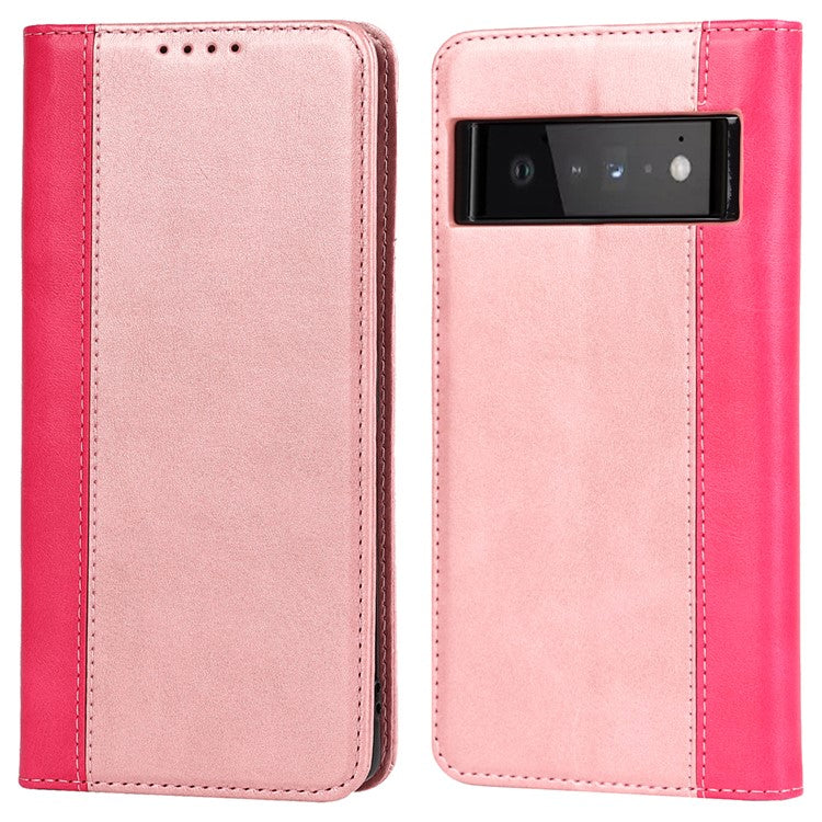 For Google Pixel 6 Auto-absorbed Bi-color Splicing Stylish Anti-scratch Leather Wallet Phone Case with Stand - Rose Gold/Rose