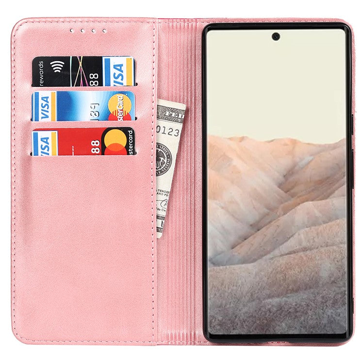 For Google Pixel 6 Auto-absorbed Bi-color Splicing Stylish Anti-scratch Leather Wallet Phone Case with Stand - Rose Gold/Rose