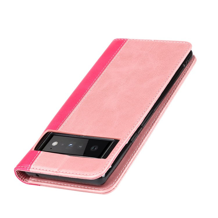 For Google Pixel 6 Auto-absorbed Bi-color Splicing Stylish Anti-scratch Leather Wallet Phone Case with Stand - Rose Gold/Rose