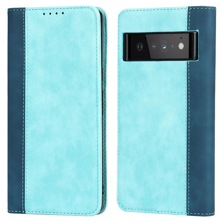 For Google Pixel 6 Auto-absorbed Bi-color Splicing Stylish Anti-scratch Leather Wallet Phone Case with Stand - Light Blue/Dark Blue