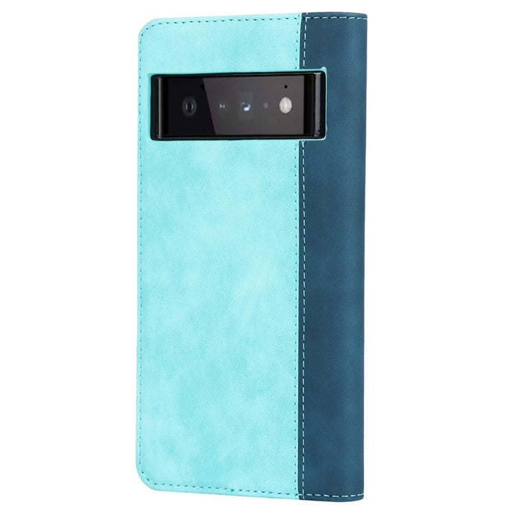 For Google Pixel 6 Auto-absorbed Bi-color Splicing Stylish Anti-scratch Leather Wallet Phone Case with Stand - Light Blue/Dark Blue