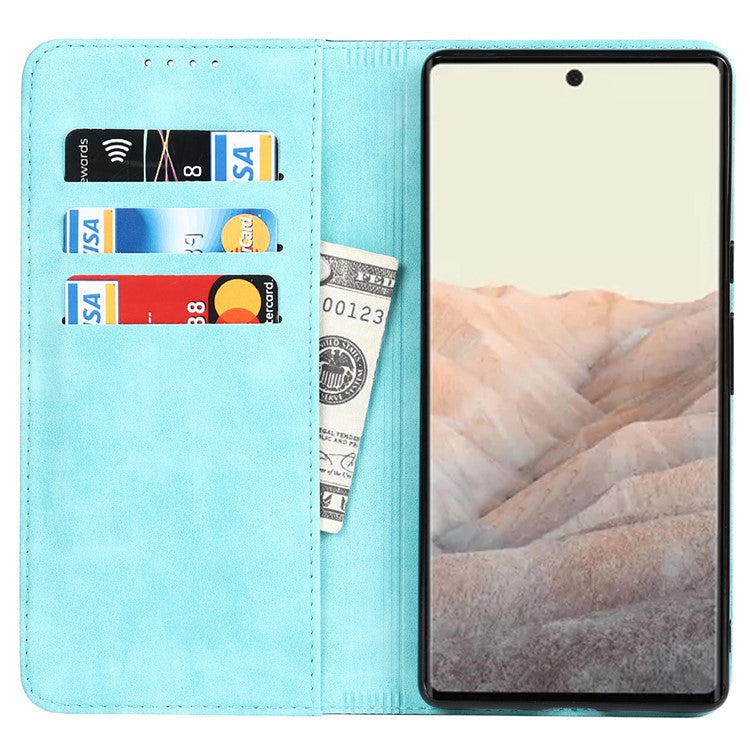 For Google Pixel 6 Auto-absorbed Bi-color Splicing Stylish Anti-scratch Leather Wallet Phone Case with Stand - Light Blue/Dark Blue