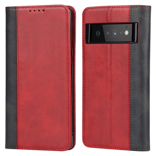 For Google Pixel 6 Auto-absorbed Bi-color Splicing Stylish Anti-scratch Leather Wallet Phone Case with Stand - Red/Black