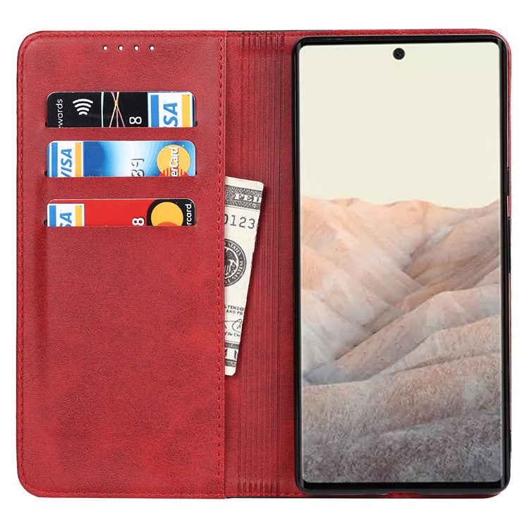For Google Pixel 6 Auto-absorbed Bi-color Splicing Stylish Anti-scratch Leather Wallet Phone Case with Stand - Red/Black