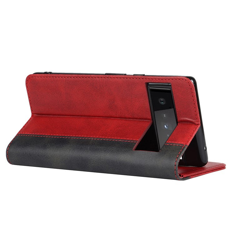 For Google Pixel 6 Auto-absorbed Bi-color Splicing Stylish Anti-scratch Leather Wallet Phone Case with Stand - Red/Black