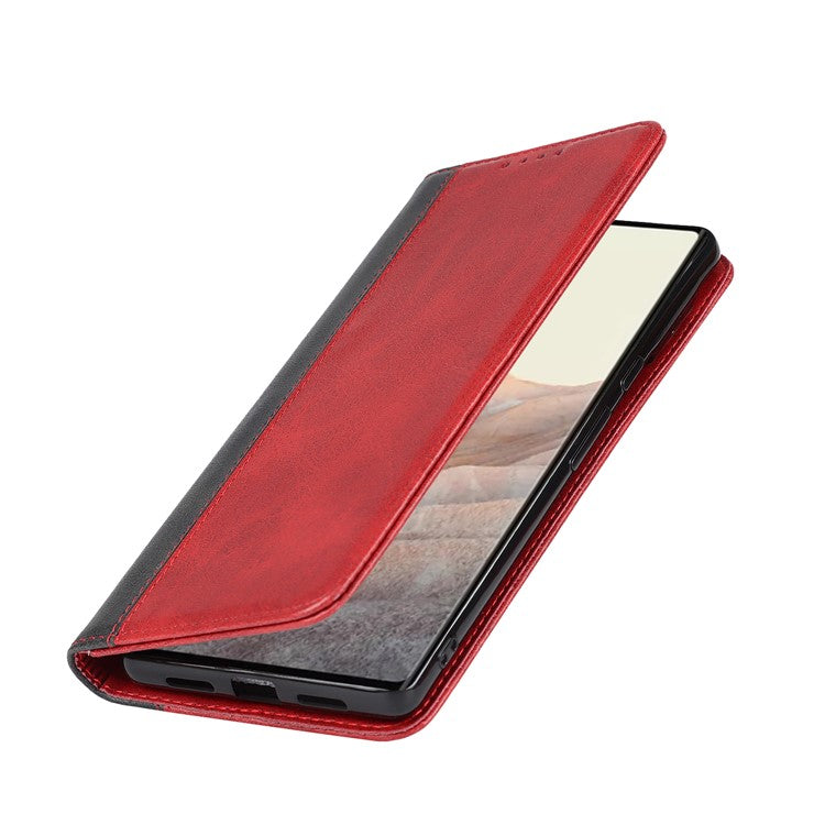 For Google Pixel 6 Auto-absorbed Bi-color Splicing Stylish Anti-scratch Leather Wallet Phone Case with Stand - Red/Black