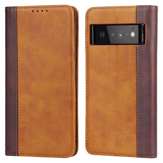 For Google Pixel 6 Auto-absorbed Bi-color Splicing Stylish Anti-scratch Leather Wallet Phone Case with Stand - Yellow/Brown