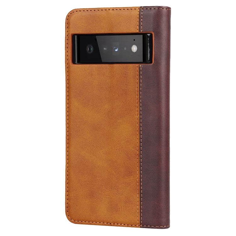 For Google Pixel 6 Auto-absorbed Bi-color Splicing Stylish Anti-scratch Leather Wallet Phone Case with Stand - Yellow/Brown