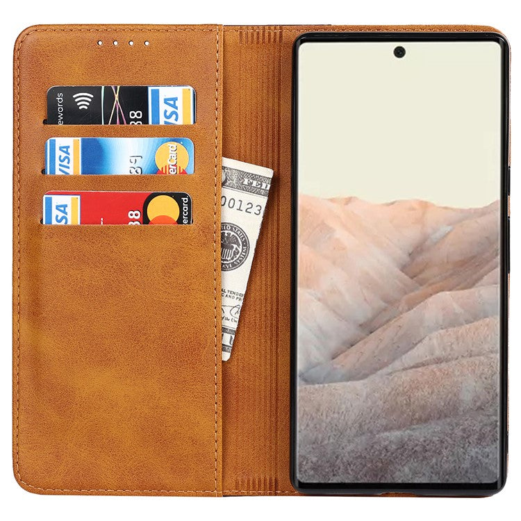 For Google Pixel 6 Auto-absorbed Bi-color Splicing Stylish Anti-scratch Leather Wallet Phone Case with Stand - Yellow/Brown