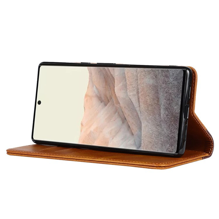 For Google Pixel 6 Auto-absorbed Bi-color Splicing Stylish Anti-scratch Leather Wallet Phone Case with Stand - Yellow/Brown