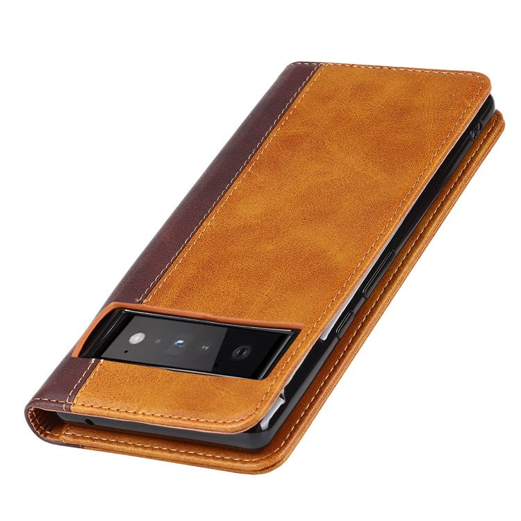 For Google Pixel 6 Auto-absorbed Bi-color Splicing Stylish Anti-scratch Leather Wallet Phone Case with Stand - Yellow/Brown