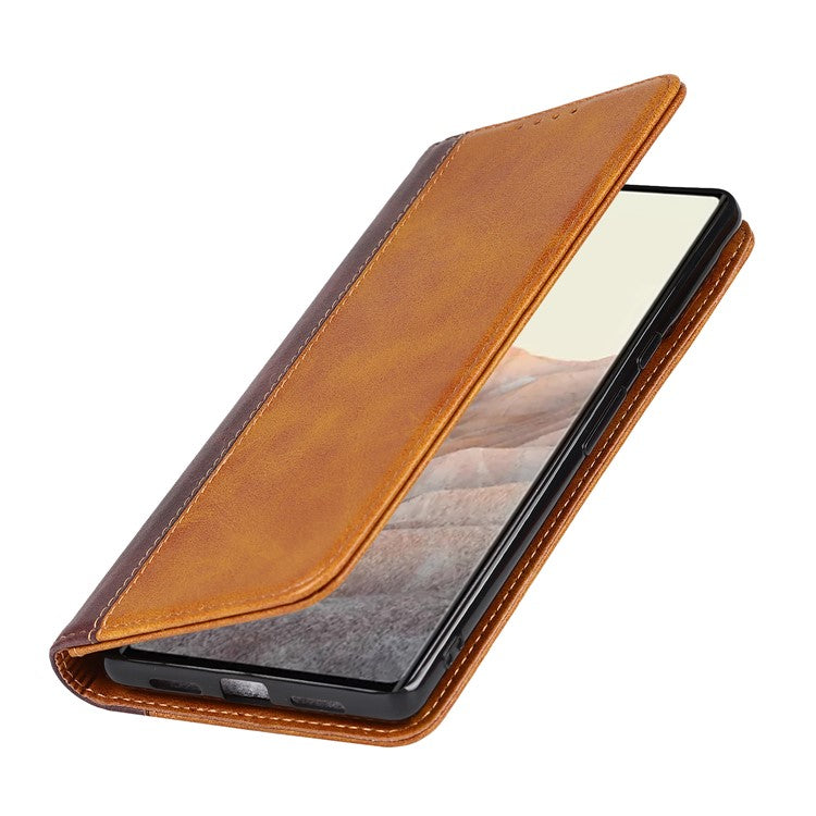 For Google Pixel 6 Auto-absorbed Bi-color Splicing Stylish Anti-scratch Leather Wallet Phone Case with Stand - Yellow/Brown