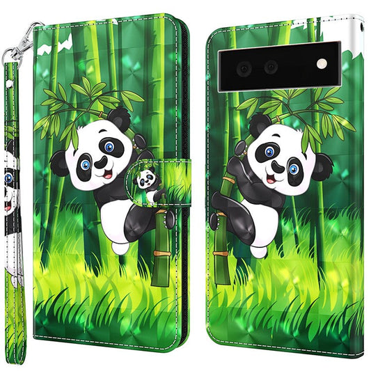 Foldable Stand 3D Pattern Printing PU Leather Wallet Phone Case Shell with Strap for Google Pixel 6a - Panda Climbing