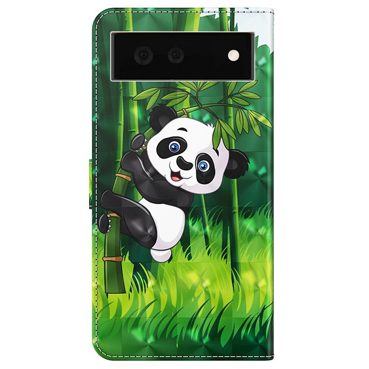 Foldable Stand 3D Pattern Printing PU Leather Wallet Phone Case Shell with Strap for Google Pixel 6a - Panda Climbing